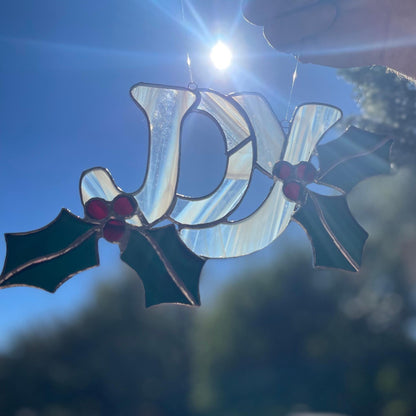 JOY Stained Glass | Handmade Christmas Suncatcher | Holly Leaf Window Décor | Holiday Home Accent | Festive Gift for Christmas