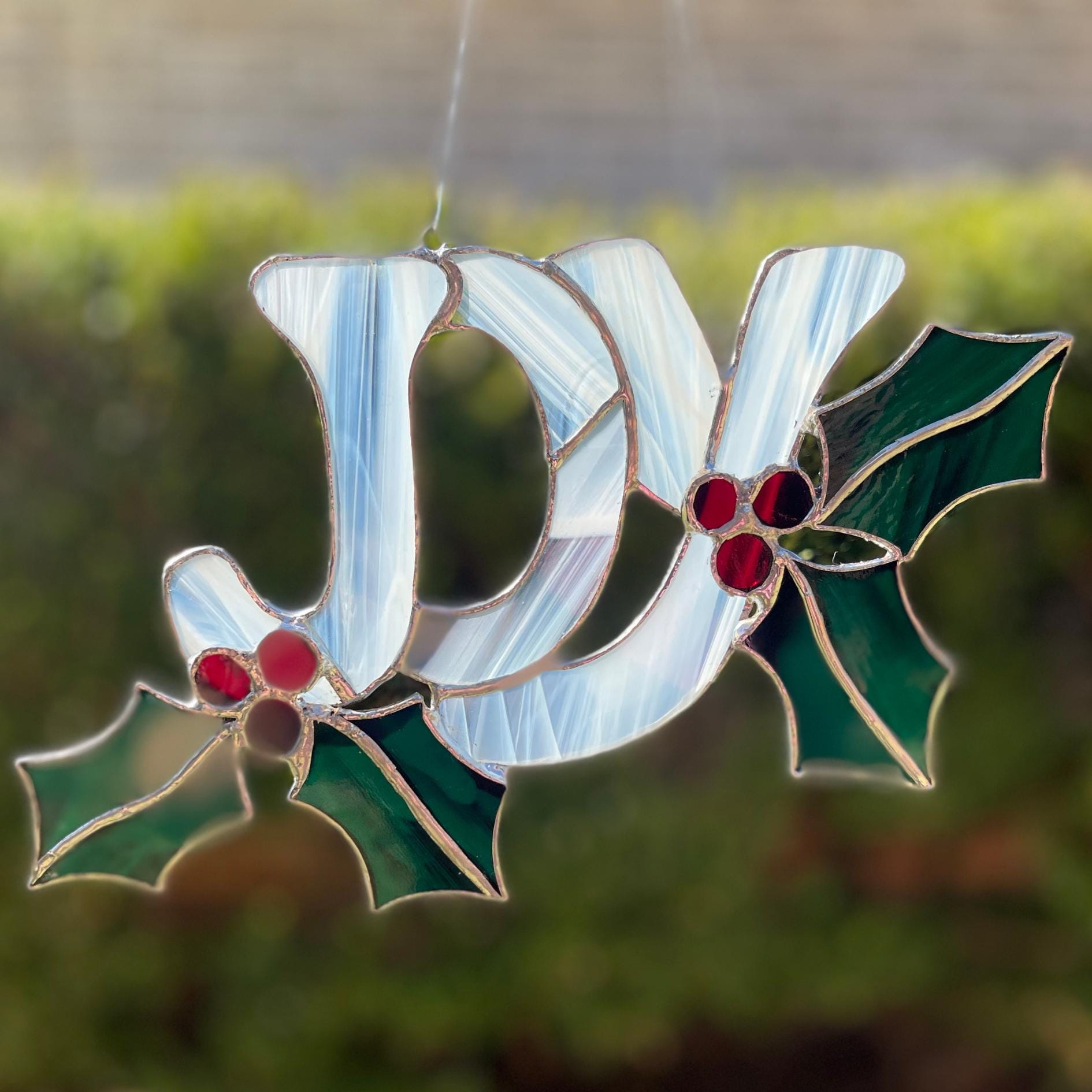 JOY Stained Glass | Handmade Christmas Suncatcher | Holly Leaf Window Décor | Holiday Home Accent | Festive Gift for Christmas