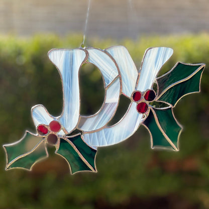 JOY Stained Glass | Handmade Christmas Suncatcher | Holly Leaf Window Décor | Holiday Home Accent | Festive Gift for Christmas