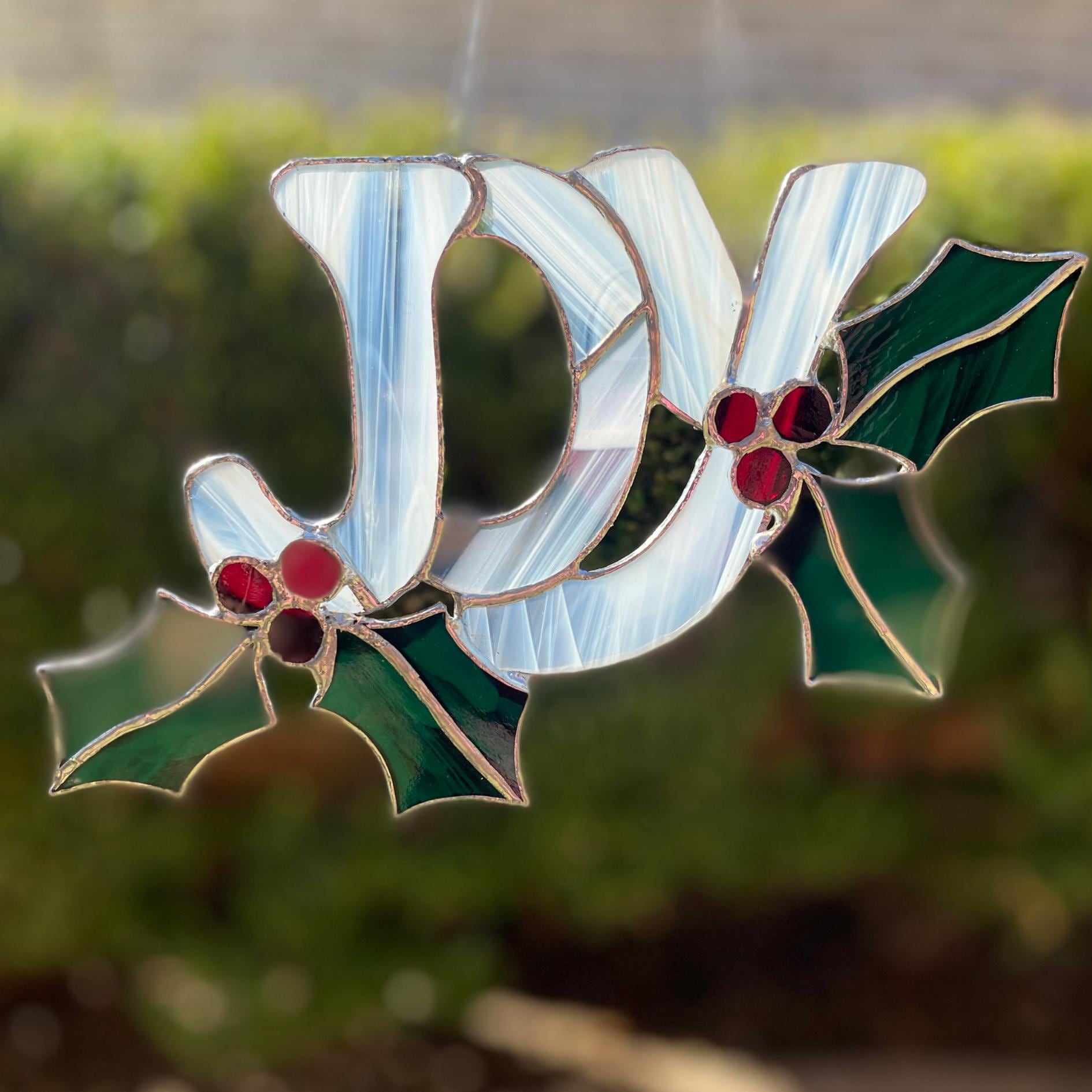 JOY Stained Glass | Handmade Christmas Suncatcher | Holly Leaf Window Décor | Holiday Home Accent | Festive Gift for Christmas
