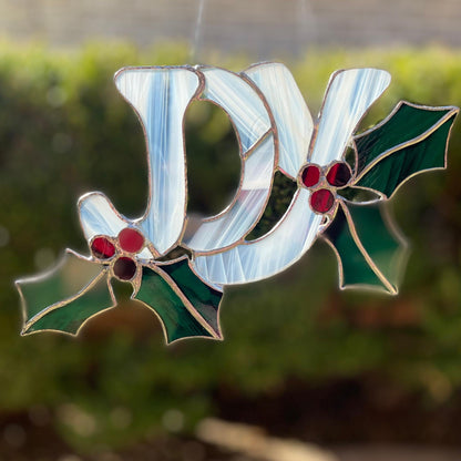 JOY Stained Glass | Handmade Christmas Suncatcher | Holly Leaf Window Décor | Holiday Home Accent | Festive Gift for Christmas