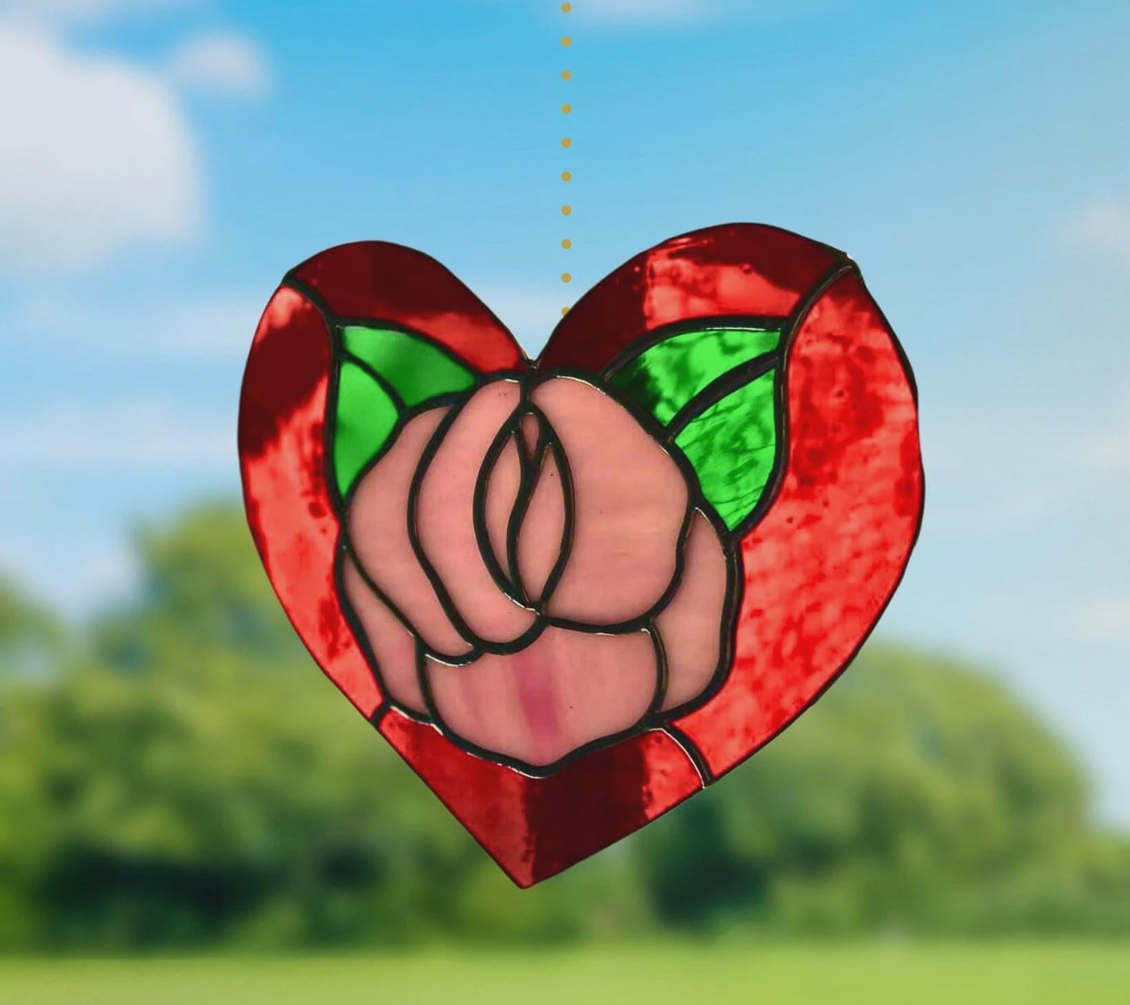 Red Rose Heart Stained Glass | Handmade Floral Heart Suncatcher | Valentine Gift | Romantic Window Décor | Anniversary Glass Art