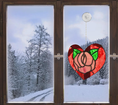 Red Rose Heart Stained Glass | Handmade Floral Heart Suncatcher | Valentine Gift | Romantic Window Décor | Anniversary Glass Art