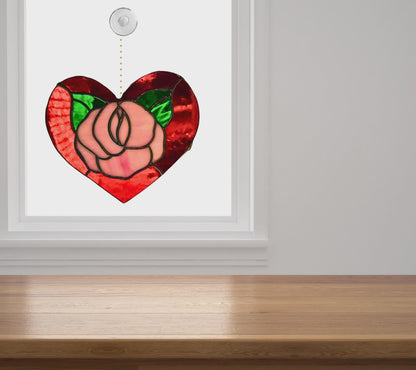 Red Rose Heart Stained Glass | Handmade Floral Heart Suncatcher | Valentine Gift | Romantic Window Décor | Anniversary Glass Art