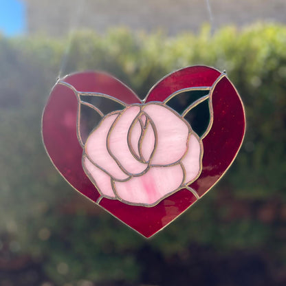 Red Rose Heart Stained Glass | Handmade Floral Heart Suncatcher | Valentine Gift | Romantic Window Décor | Anniversary Glass Art