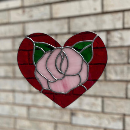 Red Rose Heart Stained Glass | Handmade Floral Heart Suncatcher | Valentine Gift | Romantic Window Décor | Anniversary Glass Art
