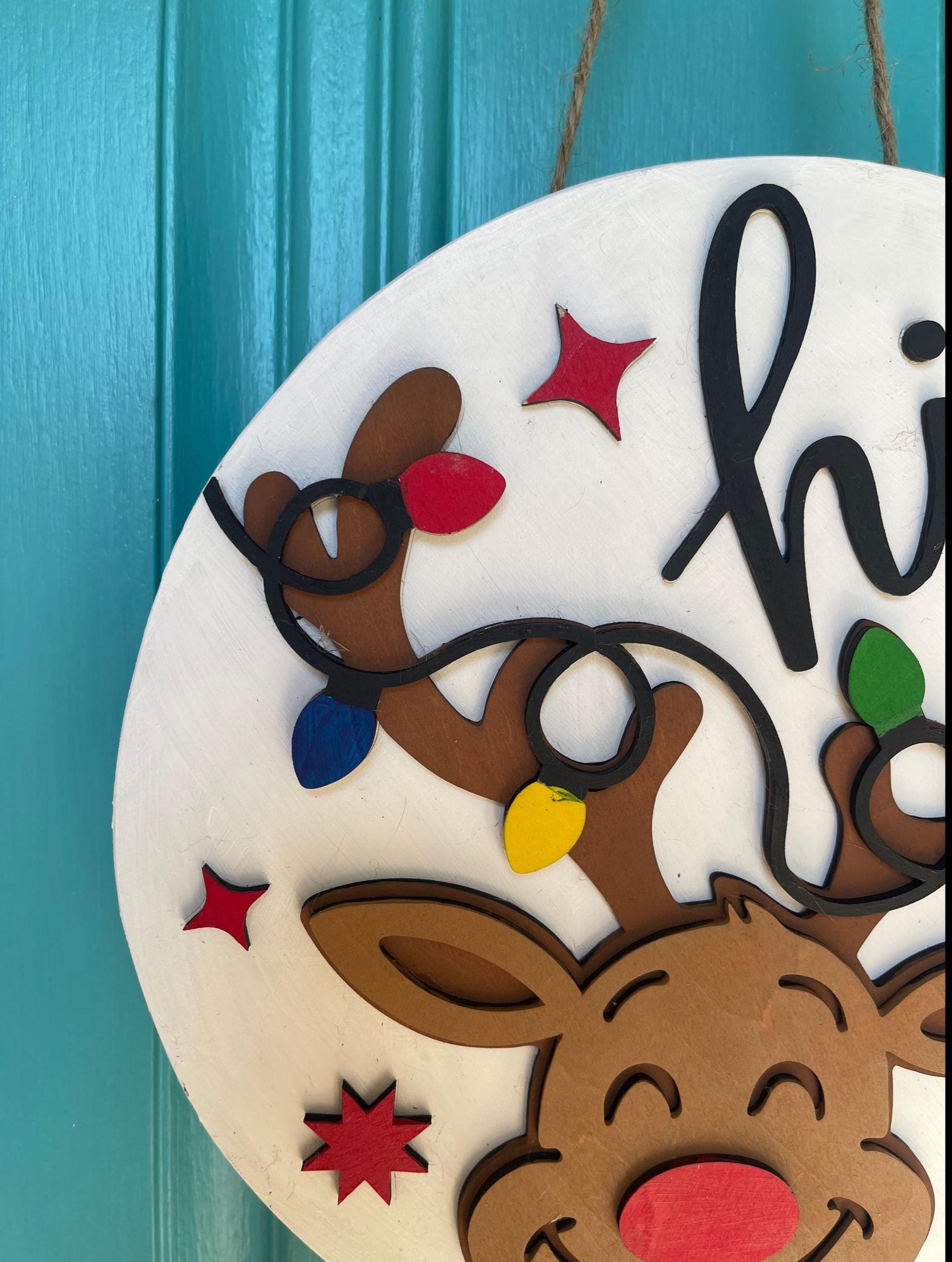 Rudolph Hi Door Hanger | Reindeer Christmas Wood Sign | Layered 3D Holiday Décor | Handmade Front Door Christmas Gift