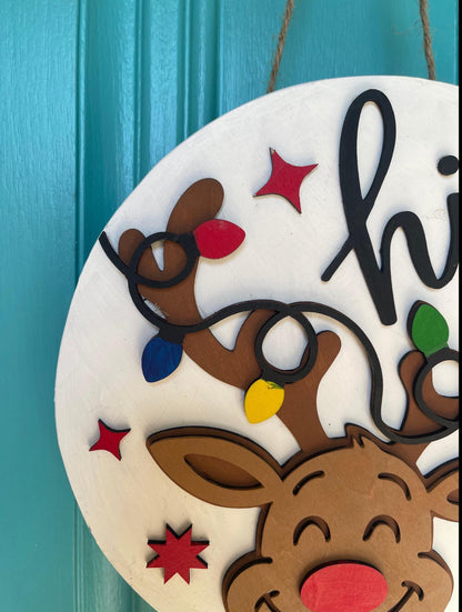Rudolph Hi Door Hanger | Reindeer Christmas Wood Sign | Layered 3D Holiday Décor | Handmade Front Door Christmas Gift