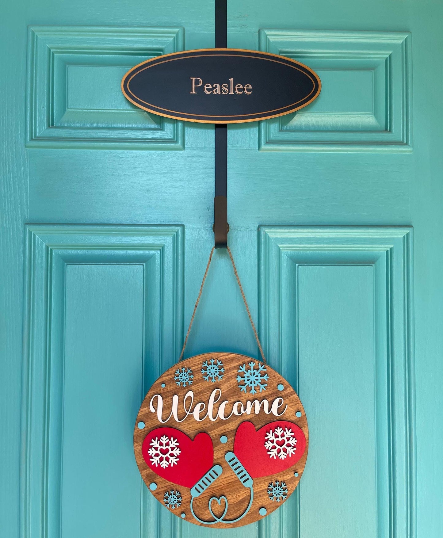 Welcome Mittens Door Hanger | 3D Winter Wood Sign | Layered Handmade Door Décor | Rustic Snowflake Seasonal Home Gift