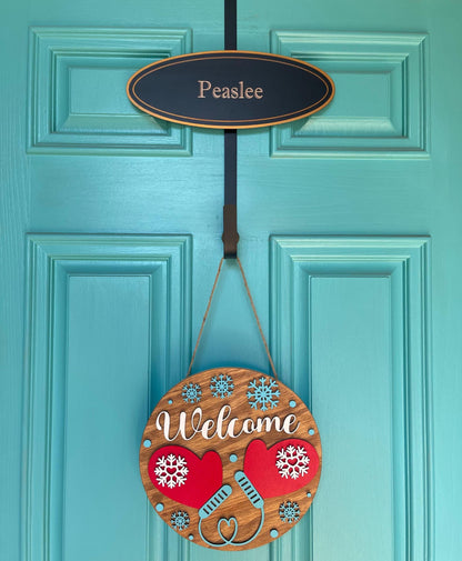 Welcome Mittens Door Hanger | 3D Winter Wood Sign | Layered Handmade Door Décor | Rustic Snowflake Seasonal Home Gift