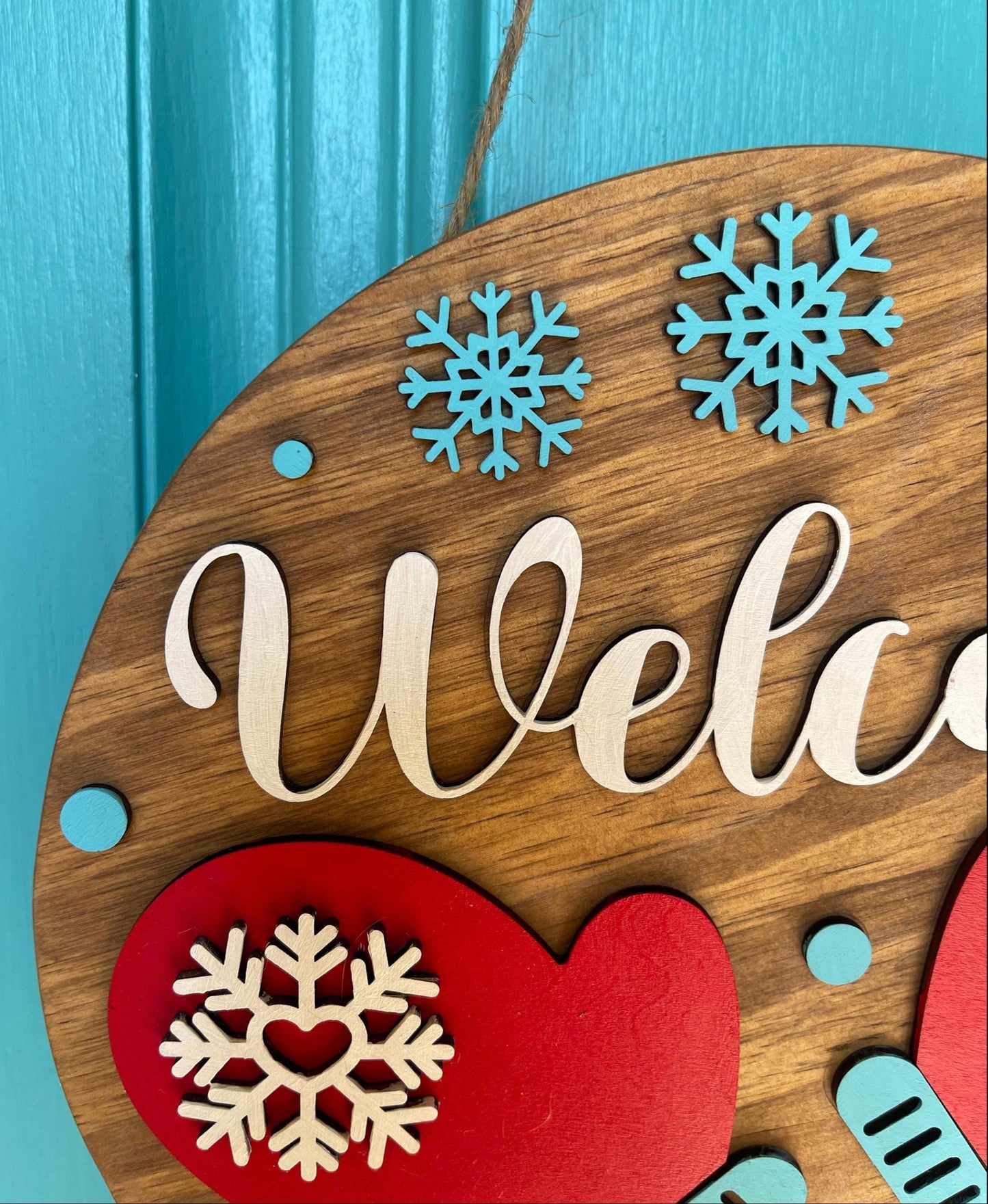 Welcome Mittens Door Hanger | 3D Winter Wood Sign | Layered Handmade Door Décor | Rustic Snowflake Seasonal Home Gift