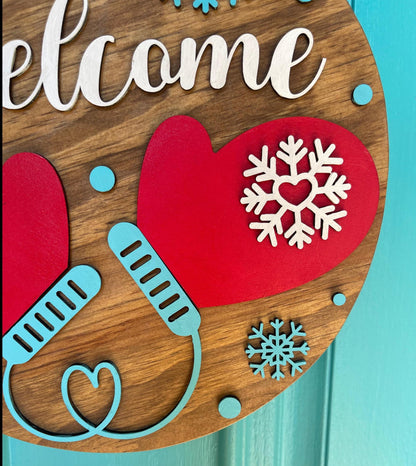 Welcome Mittens Door Hanger | 3D Winter Wood Sign | Layered Handmade Door Décor | Rustic Snowflake Seasonal Home Gift