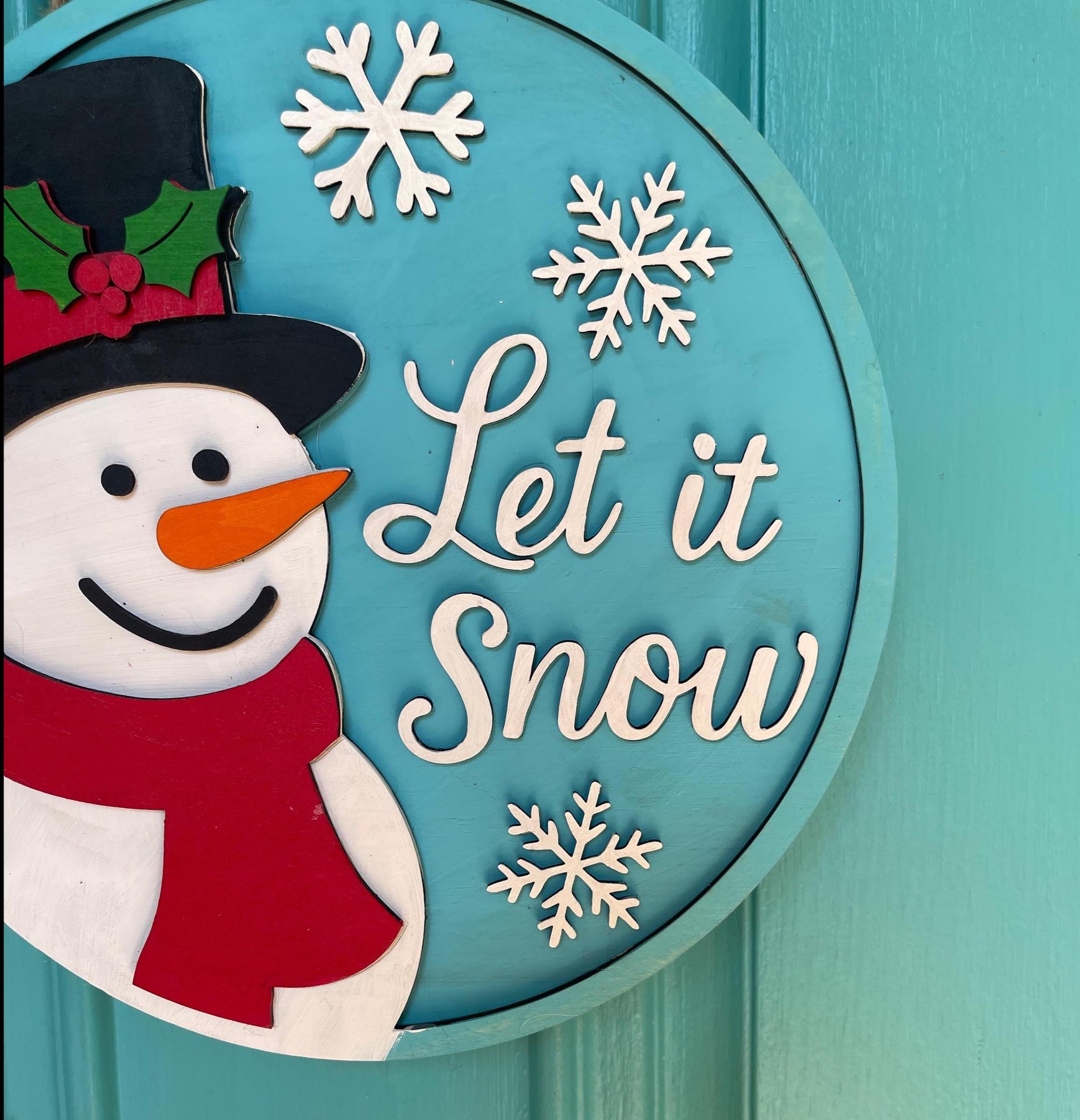 Let It Snow Door Hanger | Layered Snowman Wood Sign | 3D Winter Welcome Décor | Handmade Holiday Front Door Christmas Gift