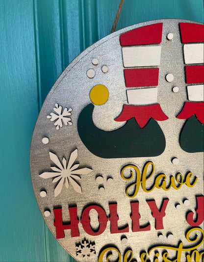 Holly Jolly Elf Door Hanger | Layered Christmas Sign | 3D Wooden Holiday Décor | Handmade Festive Front Door Welcome Gift