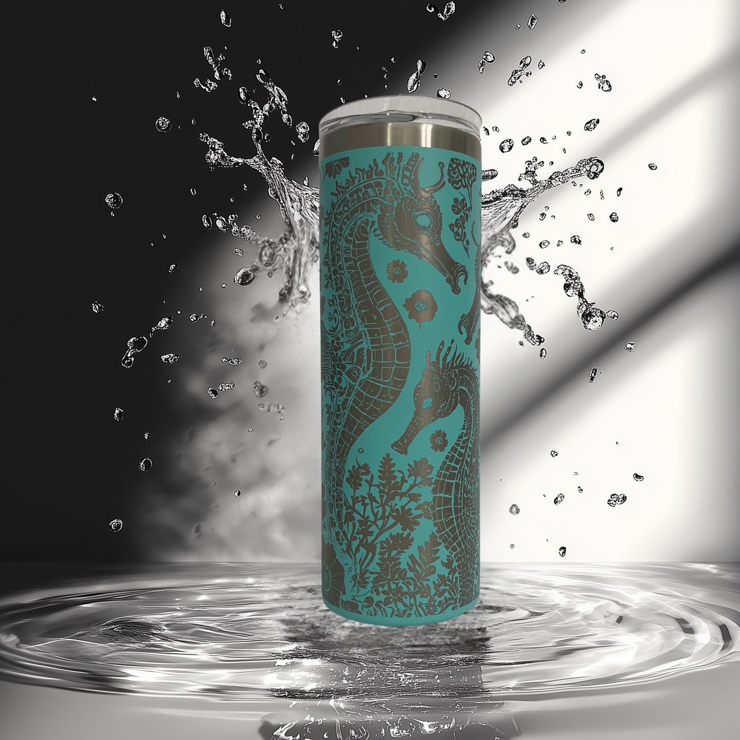 Sea Horse Tumbler • Floral Laser Engraved Cup • Coastal Stainless Steel Tumbler • Beachy Ocean Gift for Her • 20oz or 30oz Drinkware