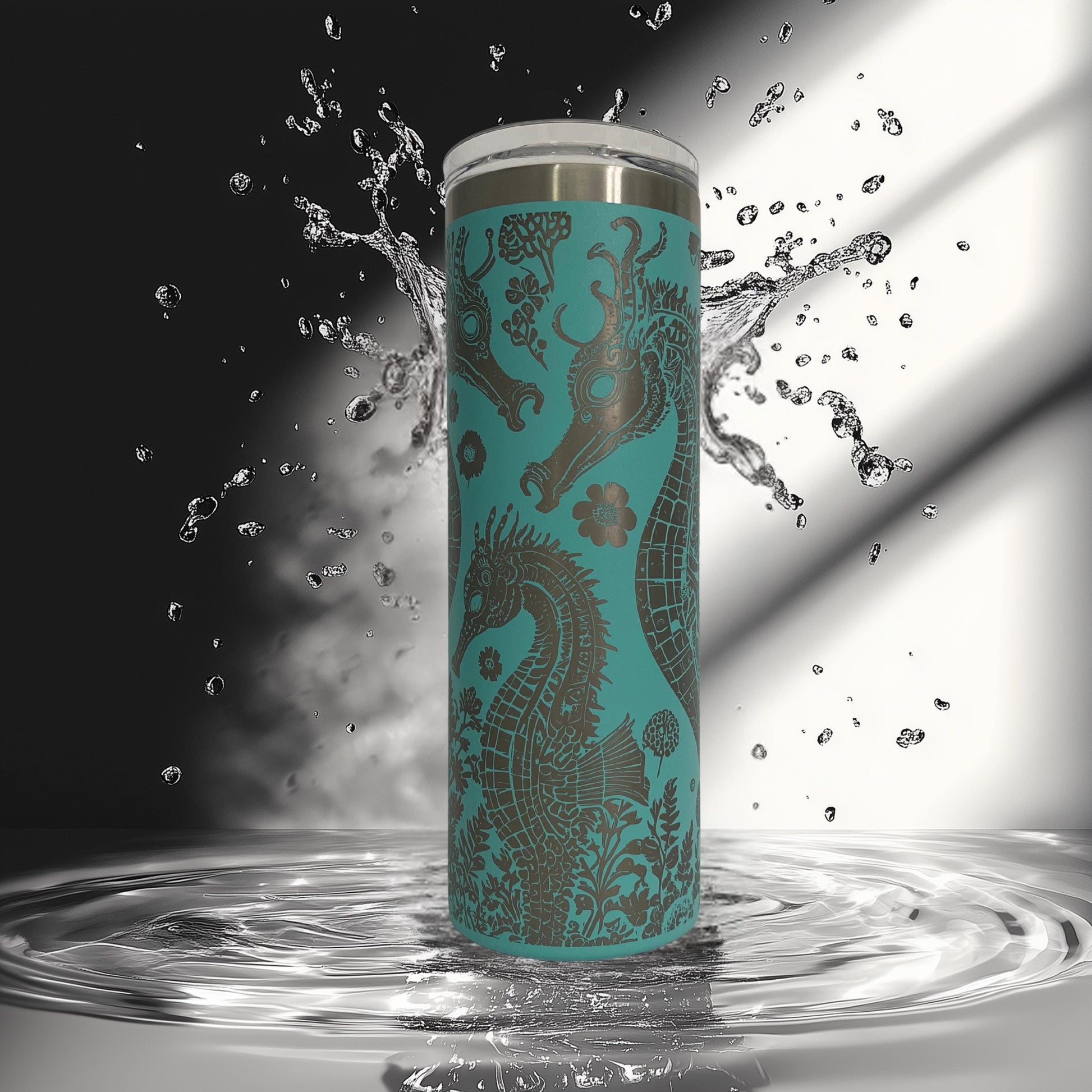 Sea Horse Tumbler • Floral Laser Engraved Cup • Coastal Stainless Steel Tumbler • Beachy Ocean Gift for Her • 20oz or 30oz Drinkware