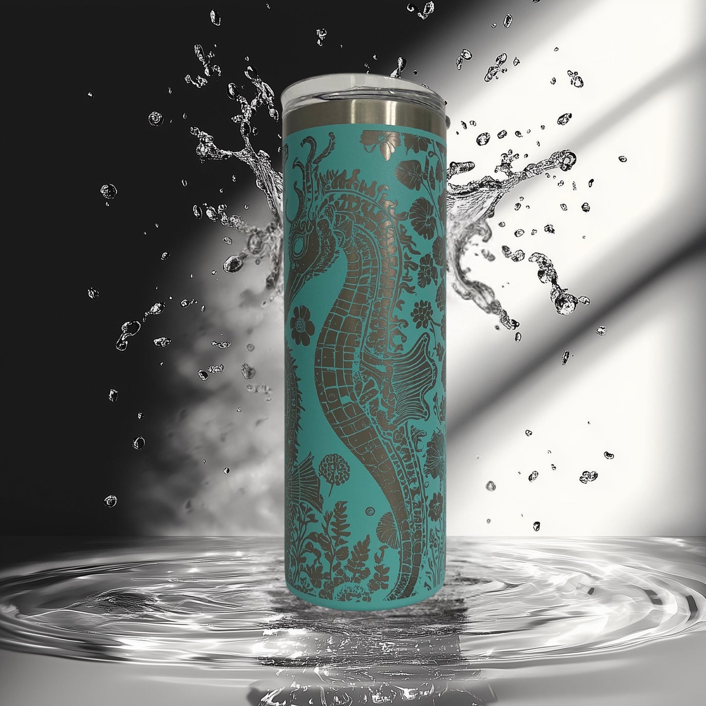 Sea Horse Tumbler • Floral Laser Engraved Cup • Coastal Stainless Steel Tumbler • Beachy Ocean Gift for Her • 20oz or 30oz Drinkware