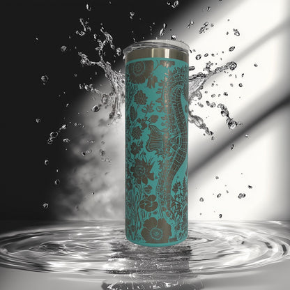 Sea Horse Tumbler • Floral Laser Engraved Cup • Coastal Stainless Steel Tumbler • Beachy Ocean Gift for Her • 20oz or 30oz Drinkware