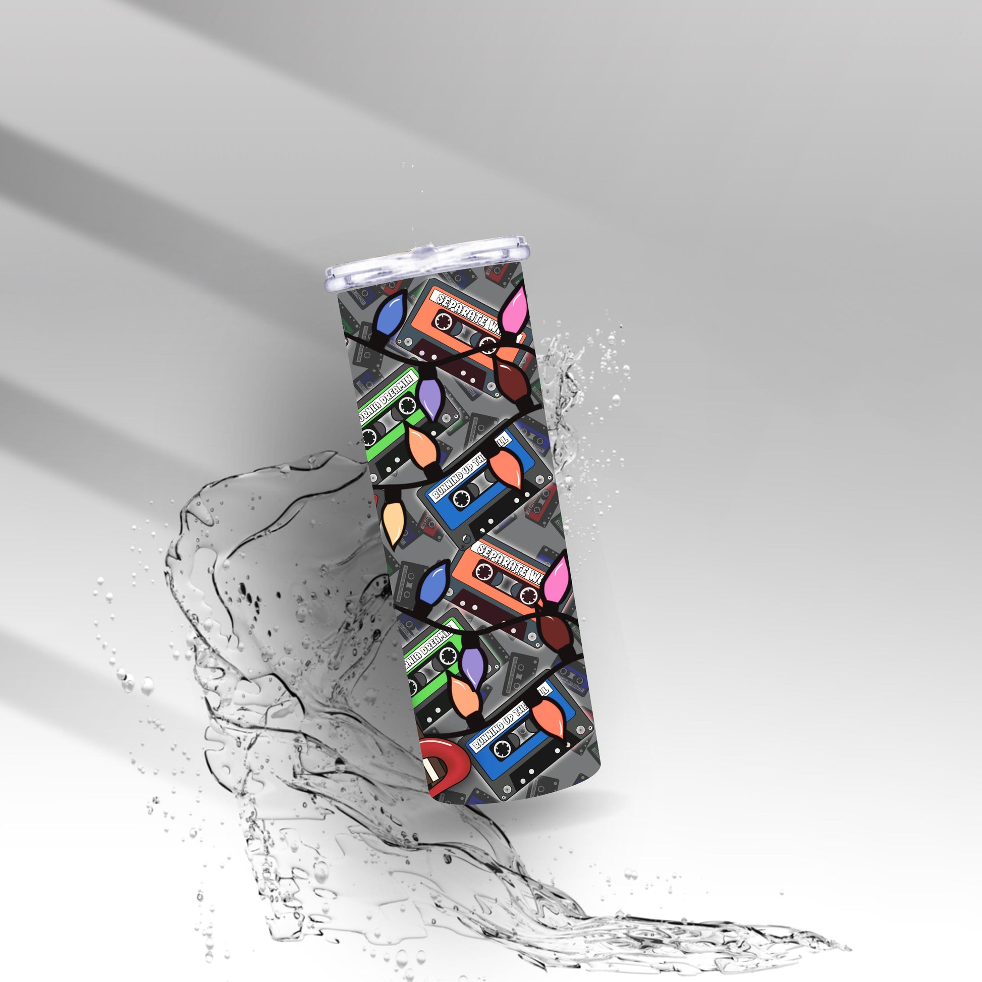 Retro Cassette Tape Tumbler • Spooky Holiday Lights, Gothic Drinkware