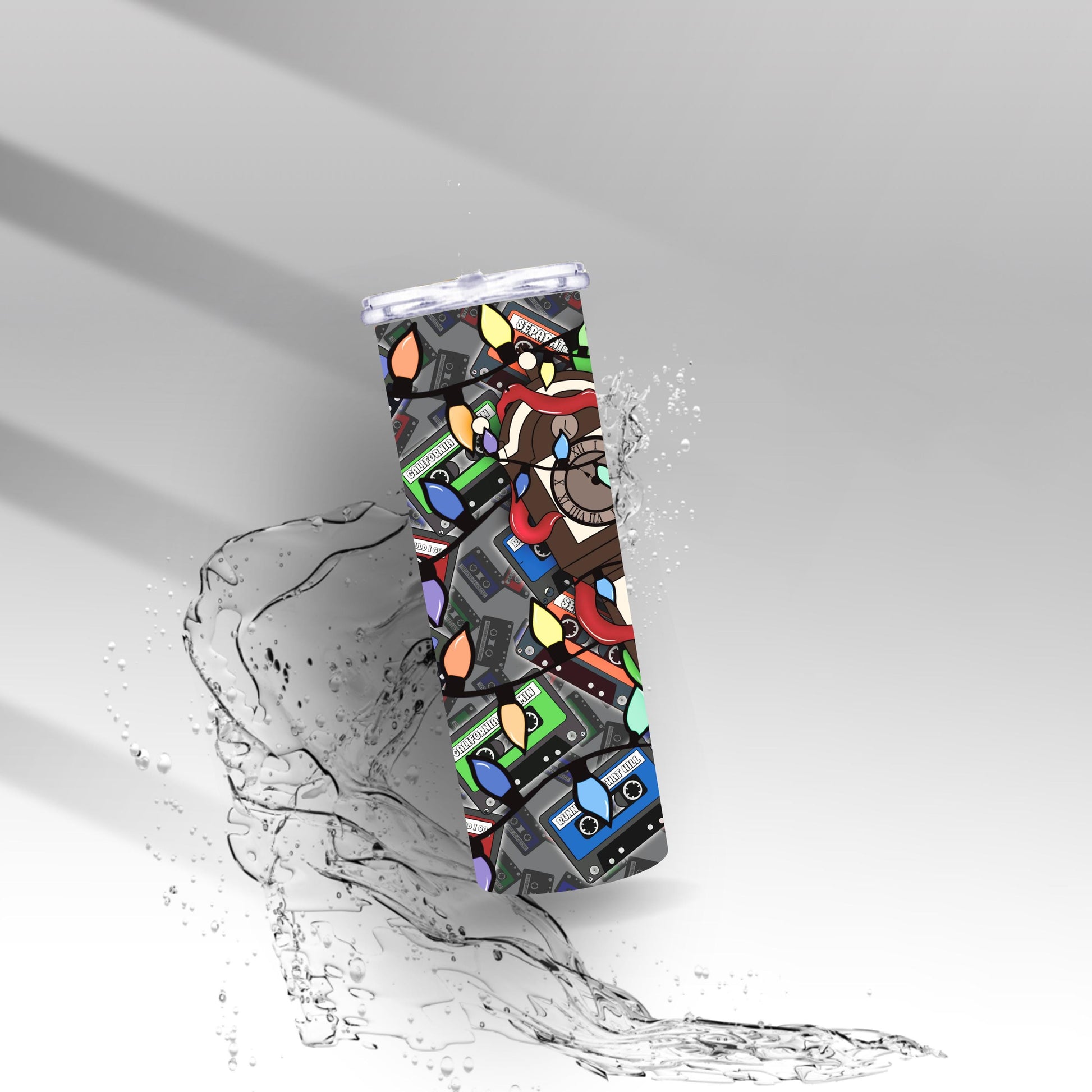 Retro Cassette Tape Tumbler • Spooky Holiday Lights, Gothic Drinkware