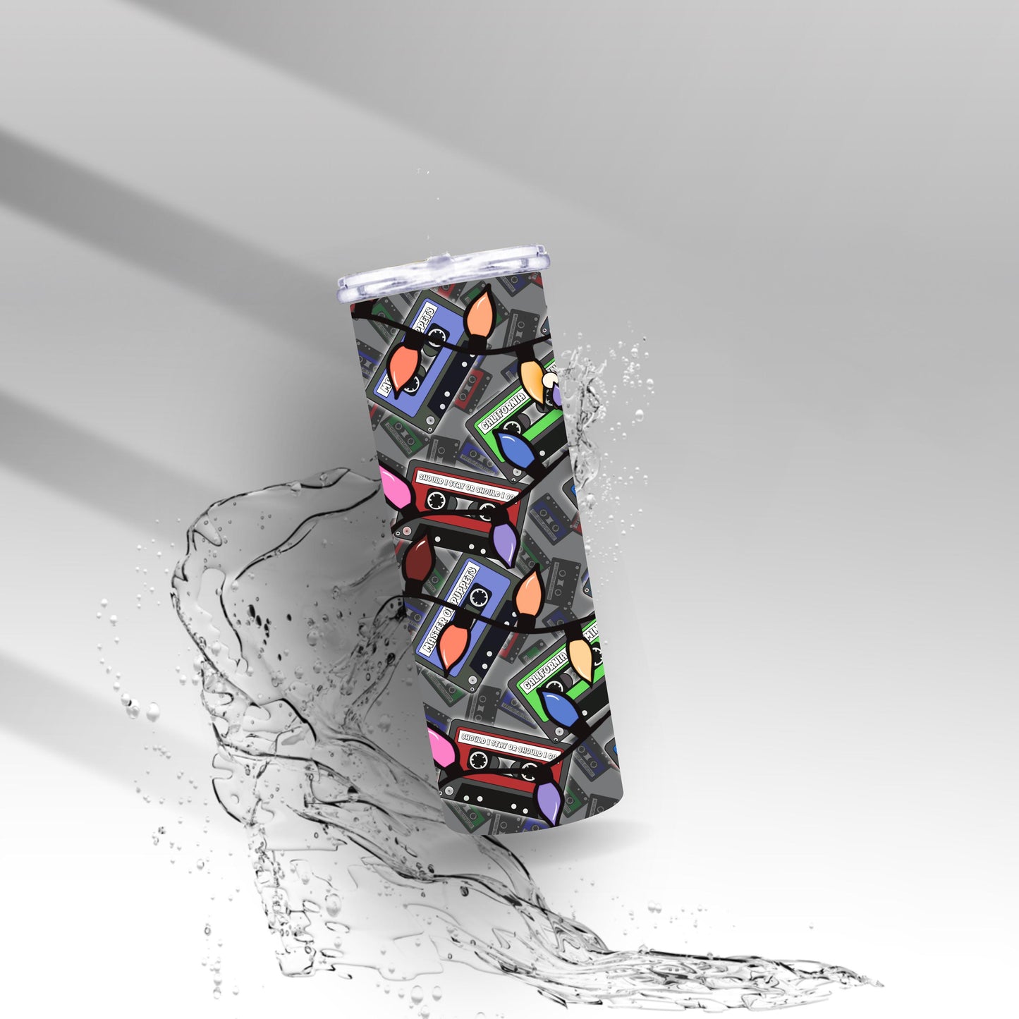 Retro Cassette Tape Tumbler • Spooky Holiday Lights, Gothic Drinkware