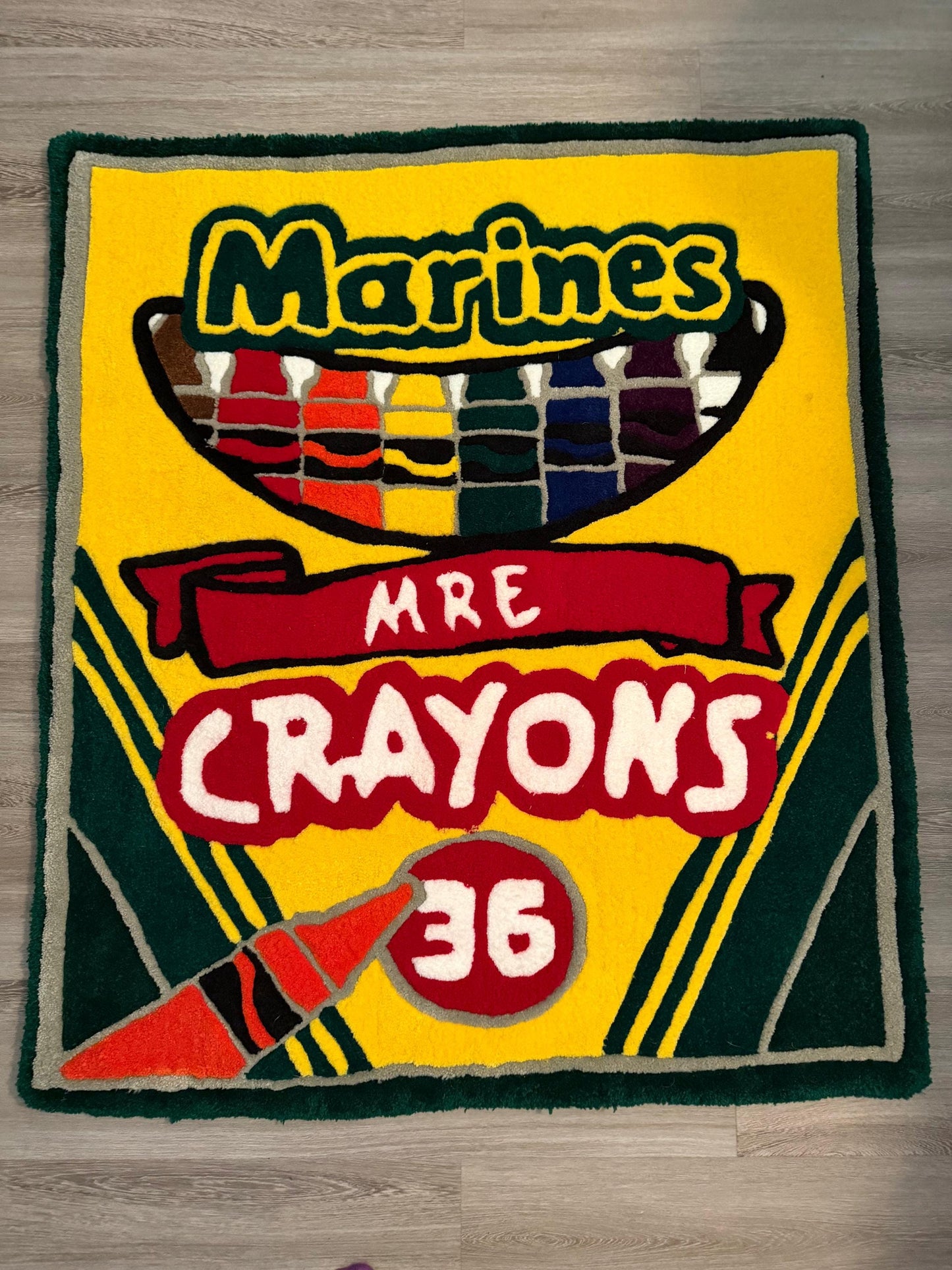 Funny Military Crayon Rug | Veteran Humor Rug | Tactical Decor Rug | Handmade Tufted Rug