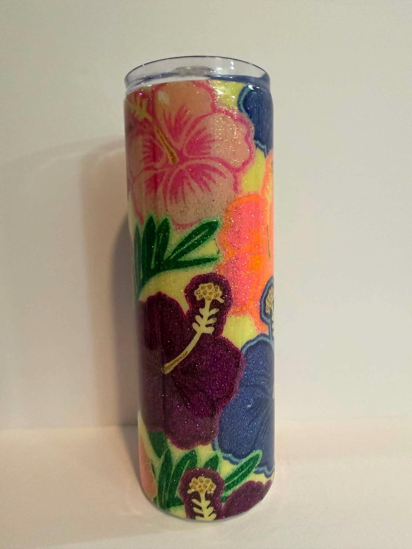 Tropical Hibiscus Epoxy Tumbler | Floral Glitter 20 oz Skinny Tumbler | Clearance