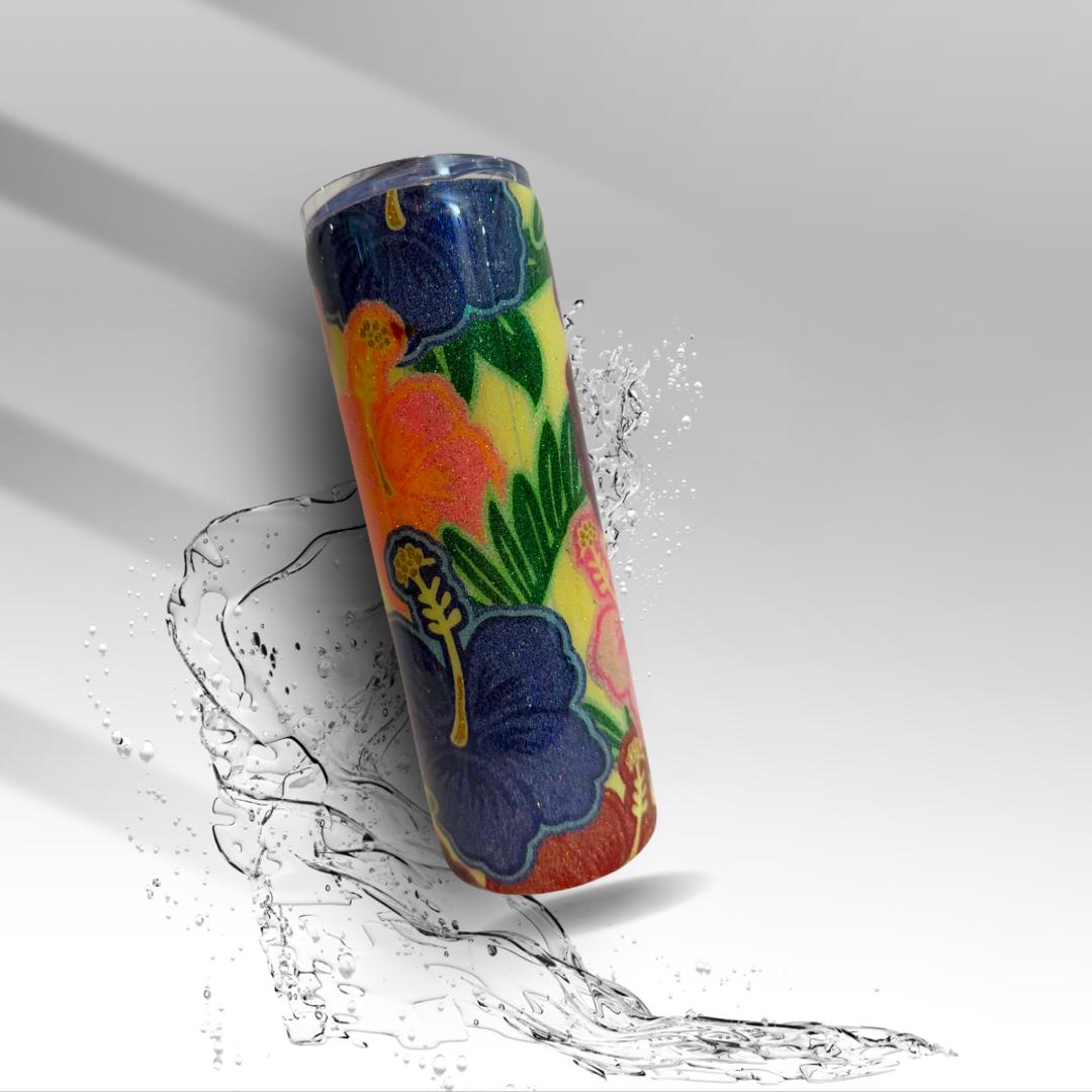 Tropical Hibiscus Epoxy Tumbler | Floral Glitter 20 oz Skinny Tumbler | Clearance