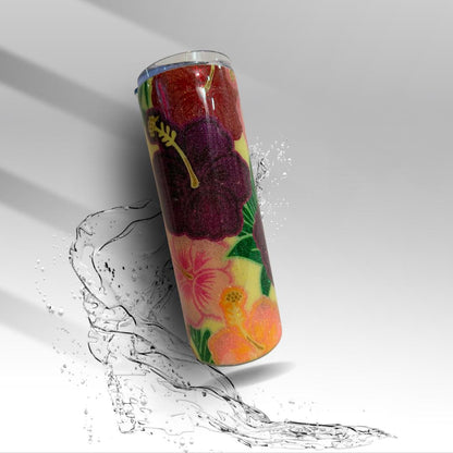 Tropical Hibiscus Epoxy Tumbler | Floral Glitter 20 oz Skinny Tumbler | Clearance