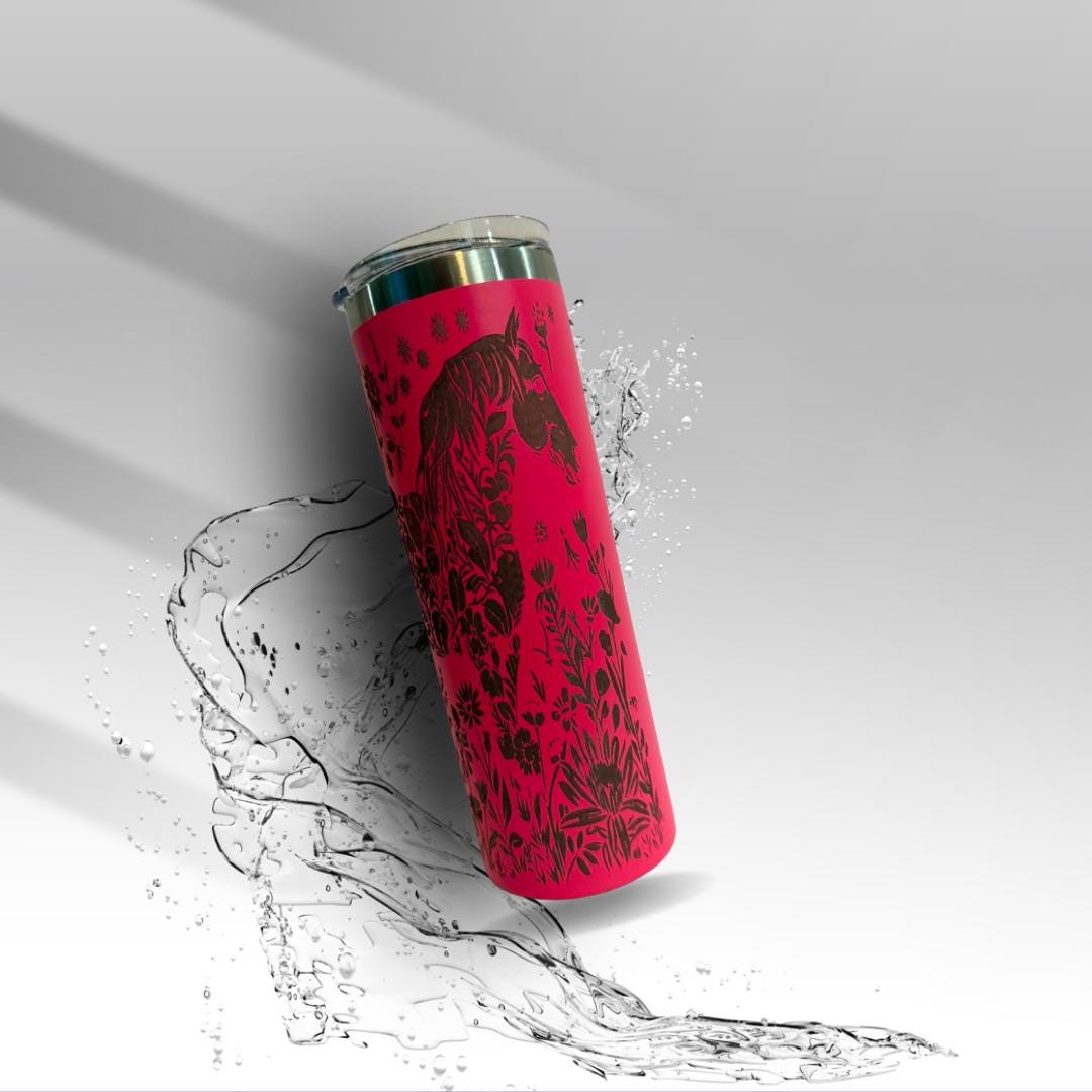 Floral Stallion Horse Laser Engraved Tumbler | Pink 20 oz Stainless Steel Travel Cup | Western Gift | Clearance