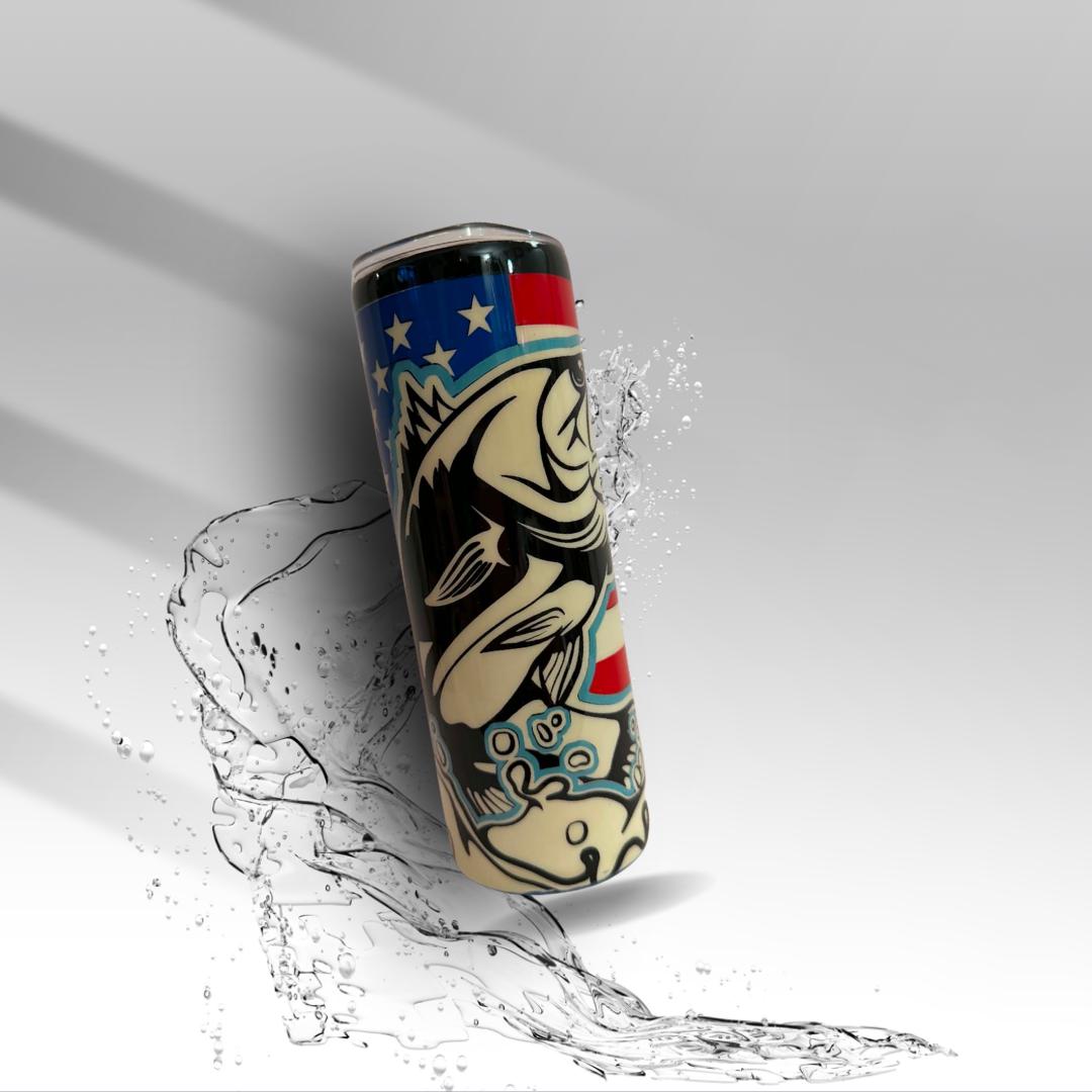 Patriotic Bass Fishing Hand-Painted Epoxy Tumbler | 20 oz Fishing Cup | American Flag Fisherman Gift | Clearance
