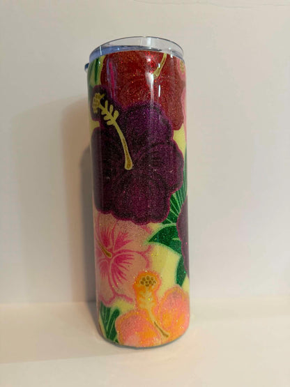 Tropical Hibiscus Epoxy Tumbler | Floral Glitter 20 oz Skinny Tumbler | Clearance