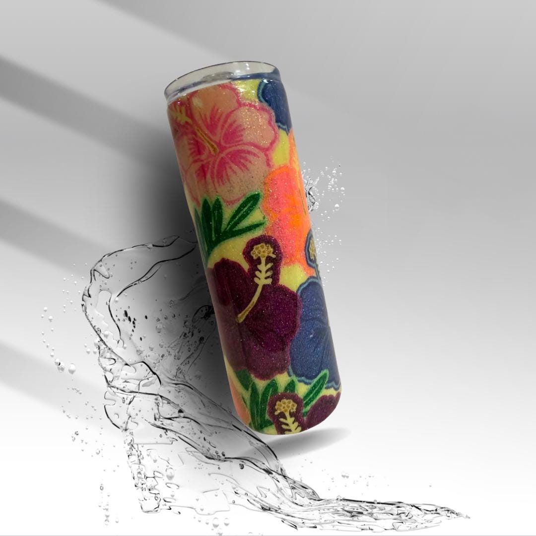 Tropical Hibiscus Epoxy Tumbler | Floral Glitter 20 oz Skinny Tumbler | Clearance