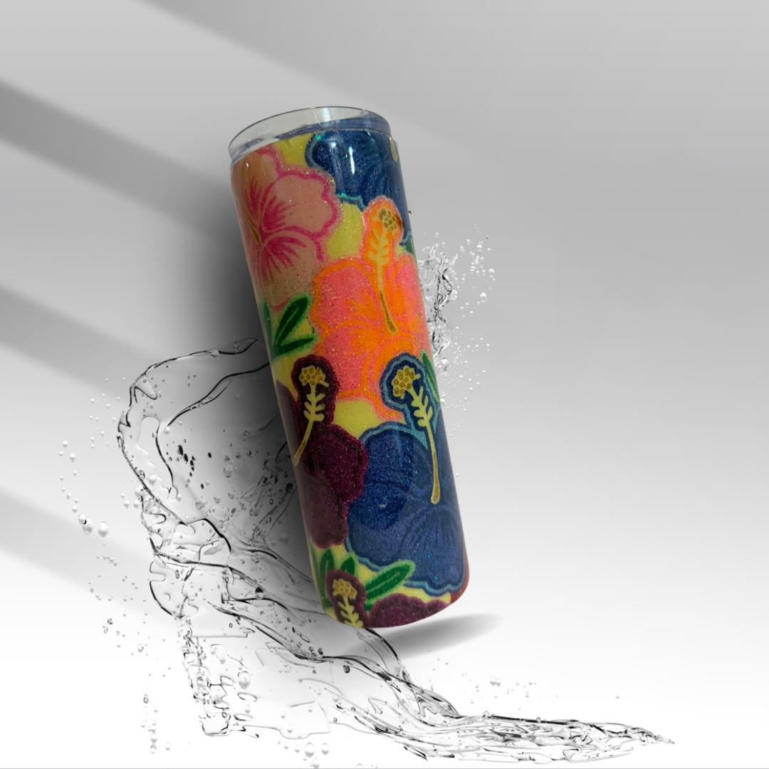 Tropical Hibiscus Epoxy Tumbler | Floral Glitter 20 oz Skinny Tumbler | Clearance