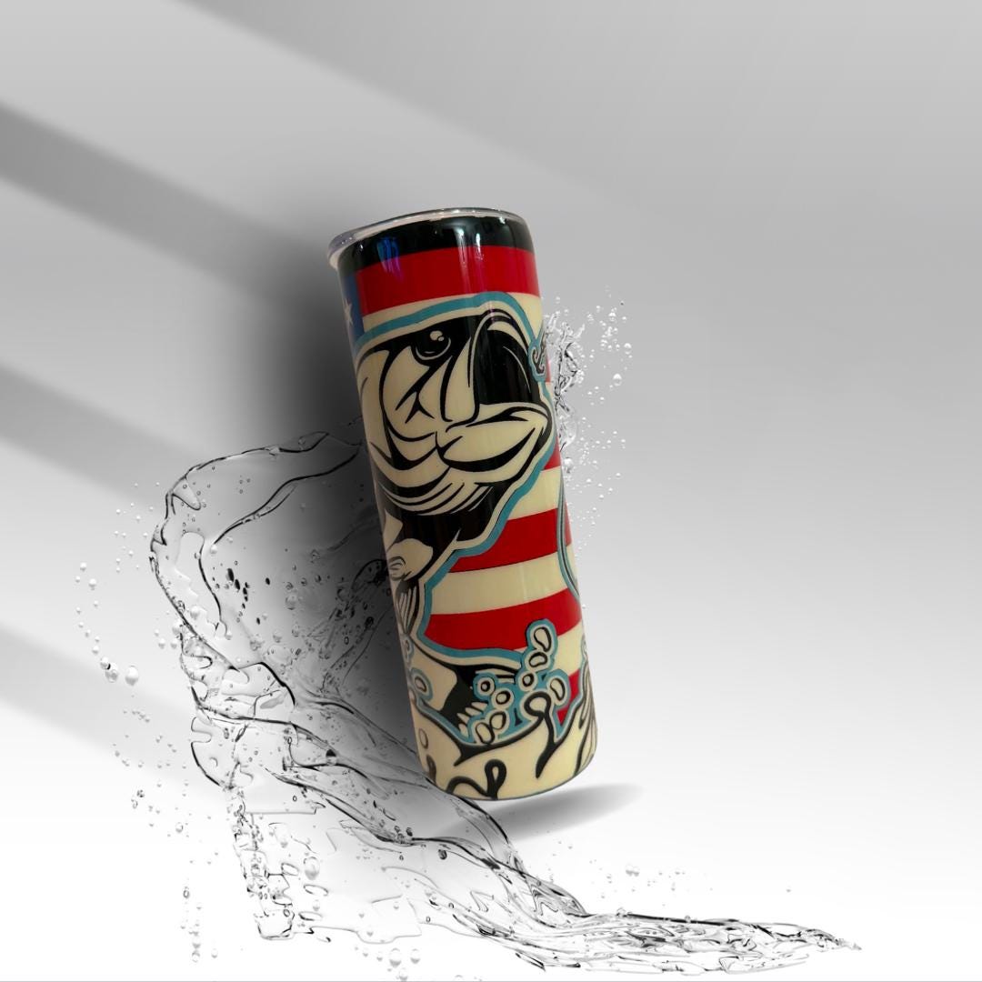Patriotic Bass Fishing Hand-Painted Epoxy Tumbler | 20 oz Fishing Cup | American Flag Fisherman Gift | Clearance