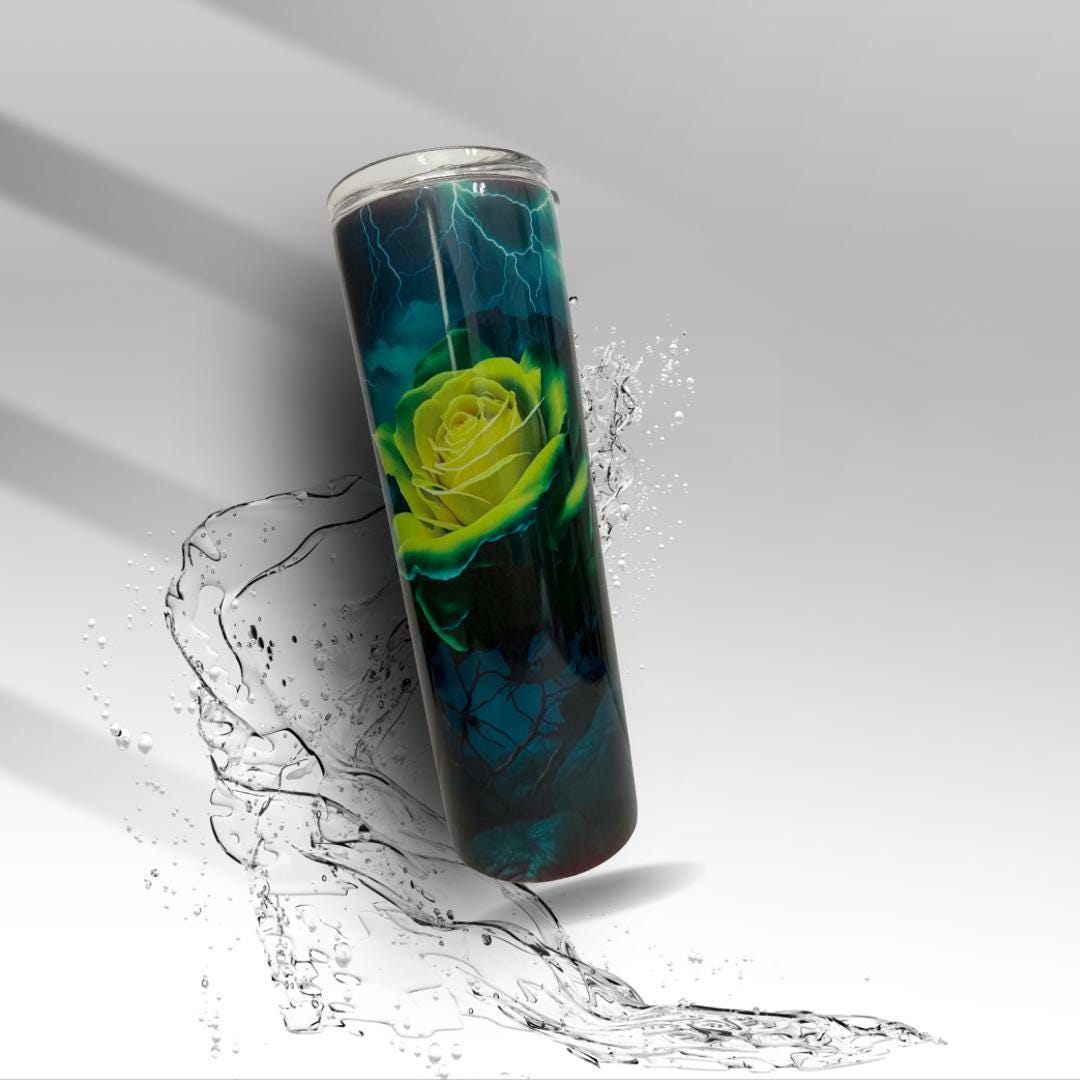 Storm Rose 30 oz Sublimation Tumbler | Gothic Yellow Rose Travel Mug | Lightning Floral Skinny Cup | Clearance