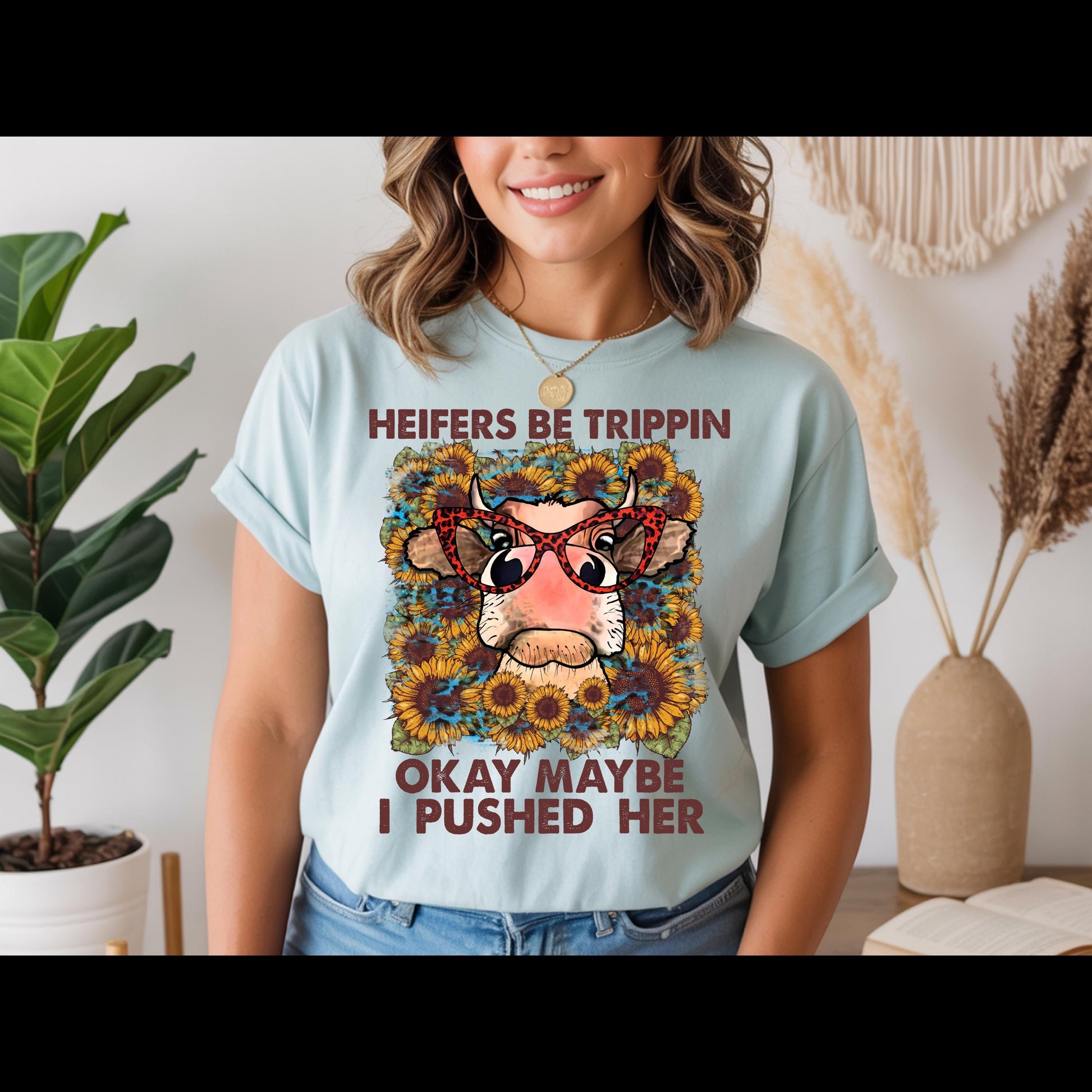 Heifers Be Trippin Shirt | Funny Cow Lover Tee | Farm Life Graphic T-Shirt | Country Girl Humor Shirt | Western Sunflower Cow Tee