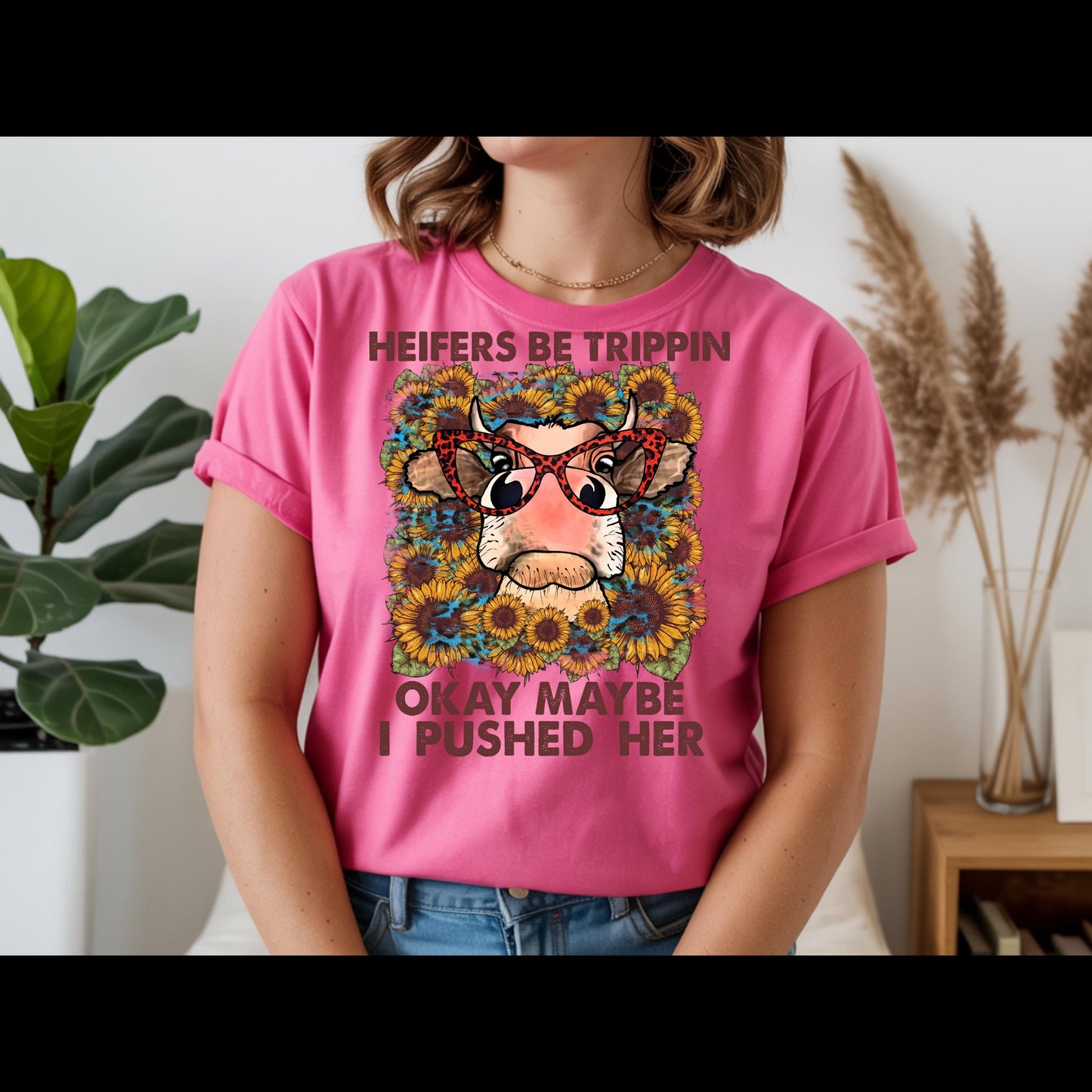 Heifers Be Trippin Shirt | Funny Cow Lover Tee | Farm Life Graphic T-Shirt | Country Girl Humor Shirt | Western Sunflower Cow Tee