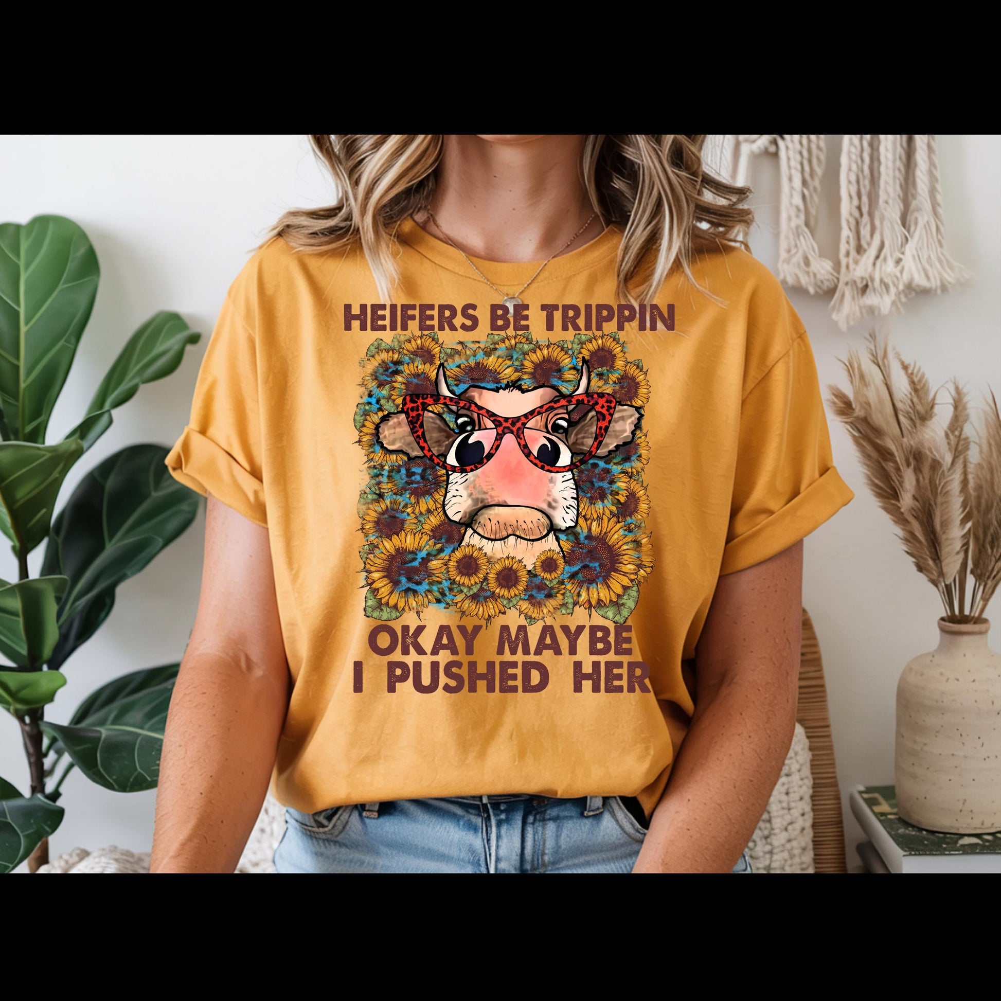 Heifers Be Trippin Shirt | Funny Cow Lover Tee | Farm Life Graphic T-Shirt | Country Girl Humor Shirt | Western Sunflower Cow Tee