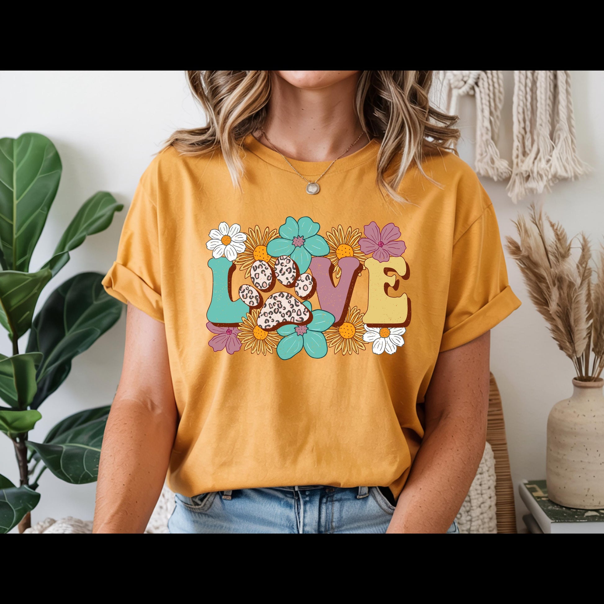Love Paw Print Shirt | Dog Mom Floral Graphic Tee | Leopard Paw Pet Lover T-Shirt | Cute Fur Mama Gift | Boho Animal Lover Shirt
