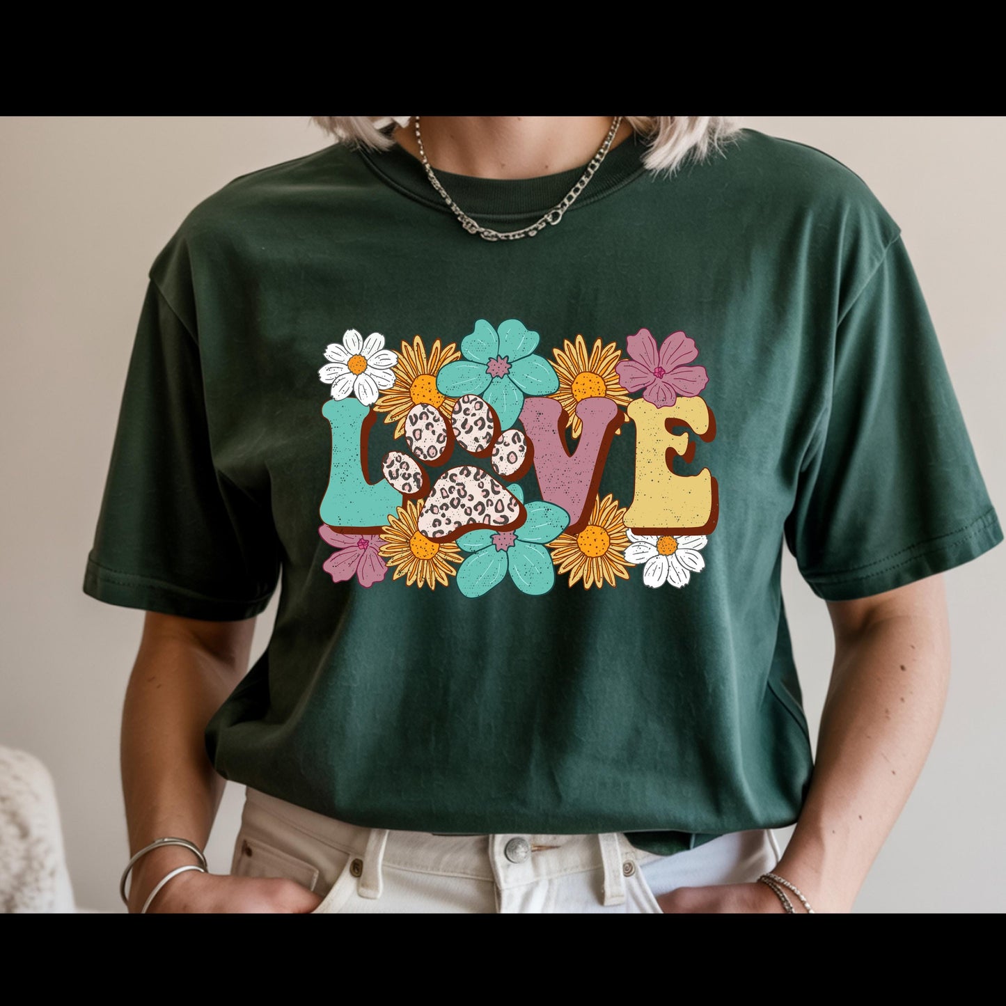 Love Paw Print Shirt | Dog Mom Floral Graphic Tee | Leopard Paw Pet Lover T-Shirt | Cute Fur Mama Gift | Boho Animal Lover Shirt