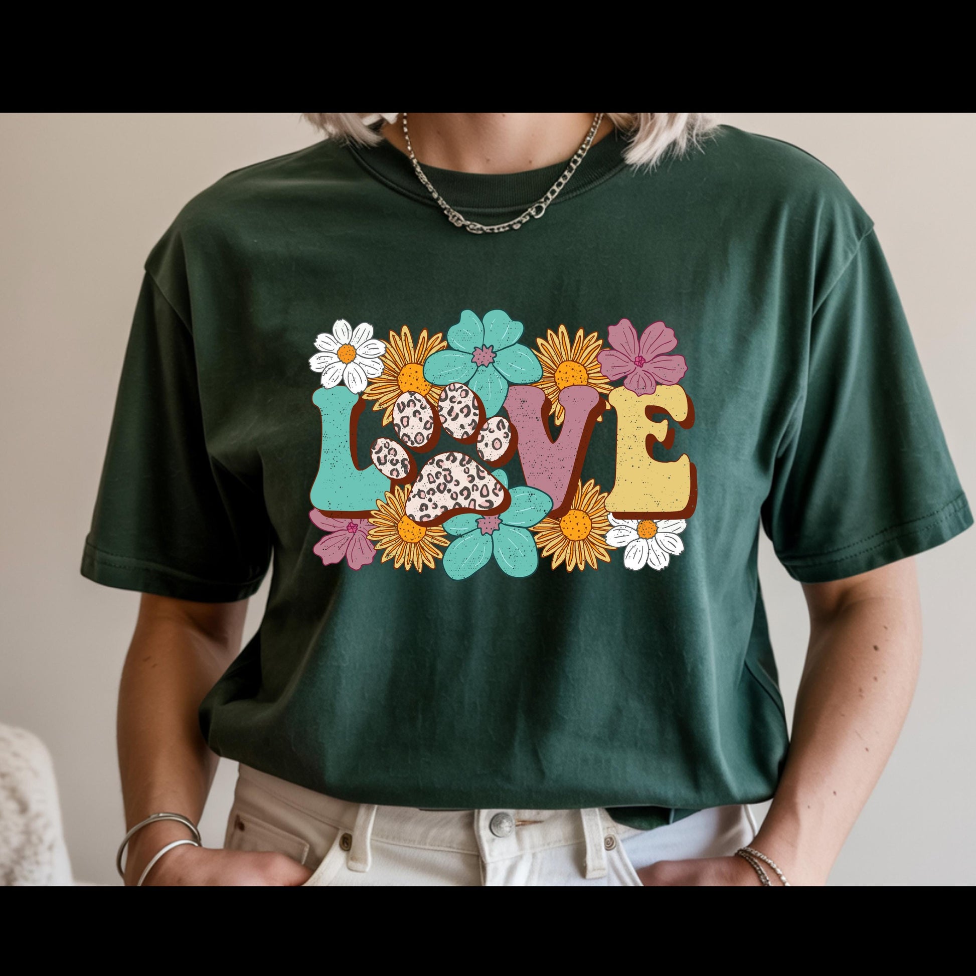 Love Paw Print Shirt | Dog Mom Floral Graphic Tee | Leopard Paw Pet Lover T-Shirt | Cute Fur Mama Gift | Boho Animal Lover Shirt