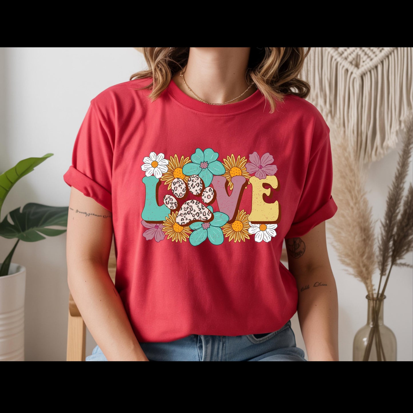 Love Paw Print Shirt | Dog Mom Floral Graphic Tee | Leopard Paw Pet Lover T-Shirt | Cute Fur Mama Gift | Boho Animal Lover Shirt