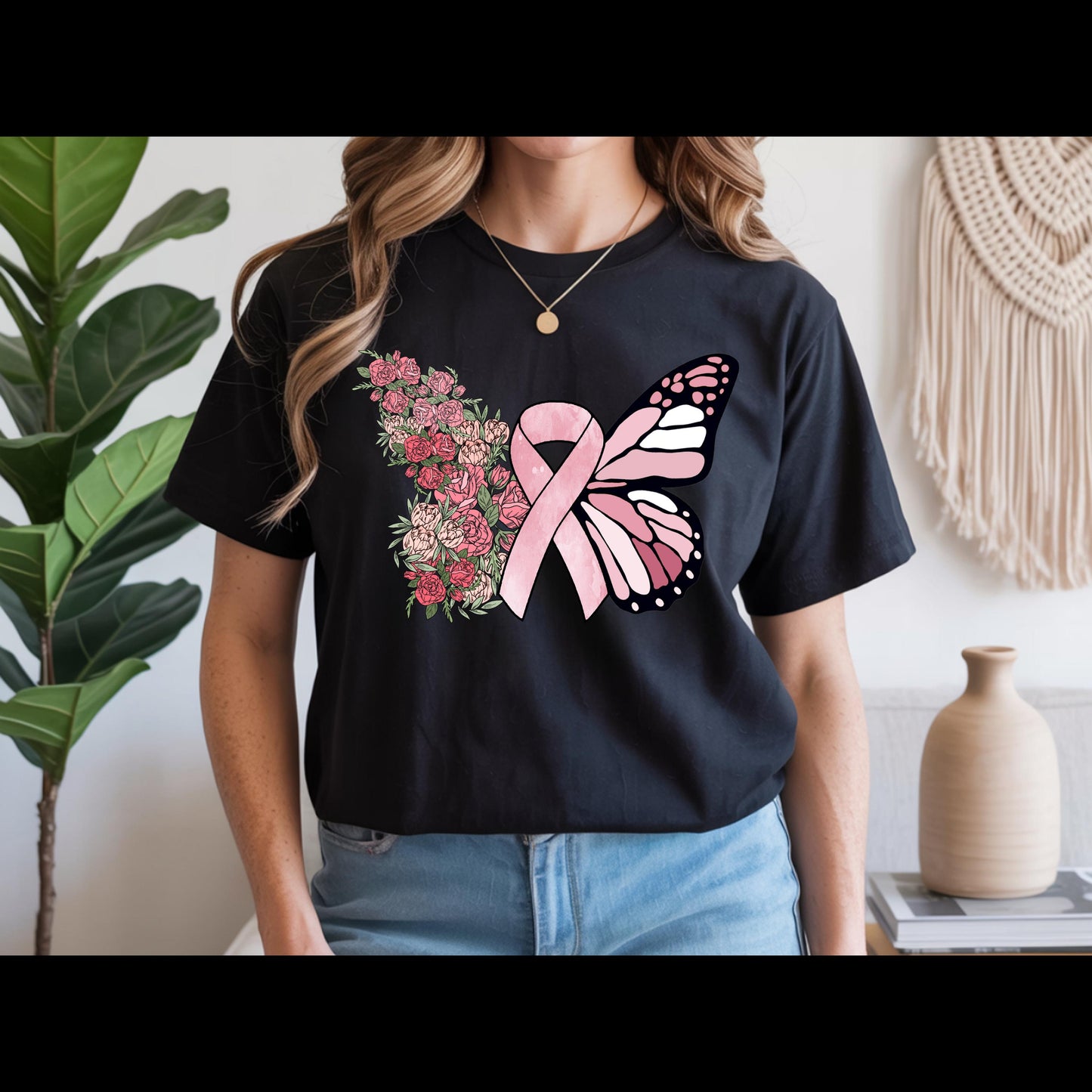Breast Cancer Awareness Shirt | Pink Ribbon Butterfly Tee | Floral Hope T-Shirt | Breast Cancer Support Survivor Gift
