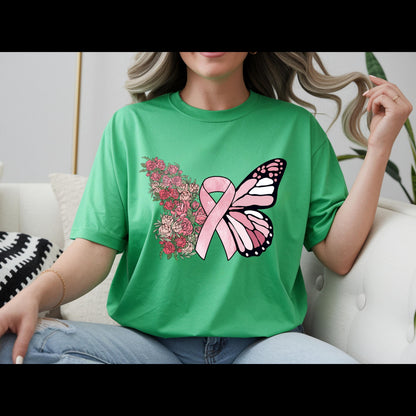 Breast Cancer Awareness Shirt | Pink Ribbon Butterfly Tee | Floral Hope T-Shirt | Breast Cancer Support Survivor Gift