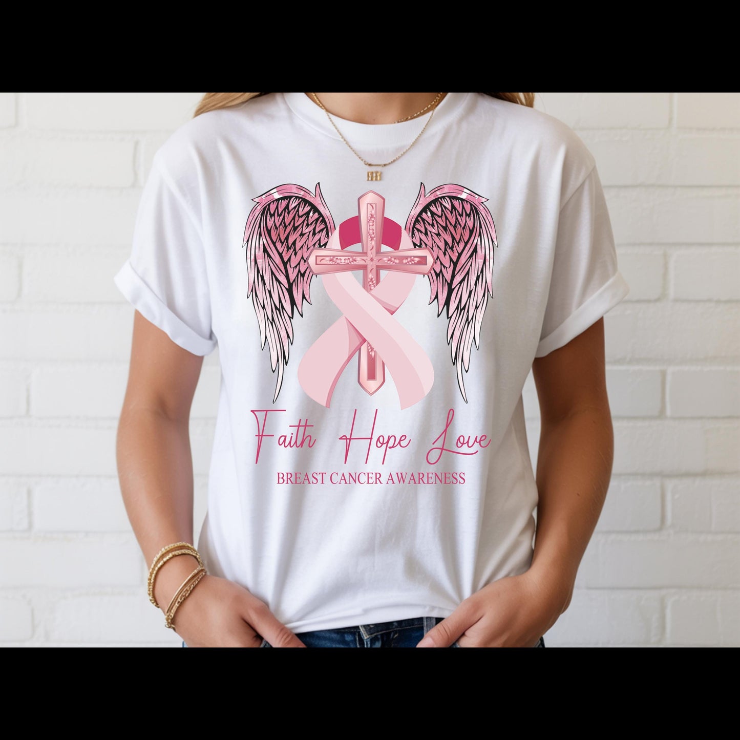 Faith Hope Love Breast Cancer Awareness Shirt | Pink Ribbon Cross Tee | Christian Cancer Support Shirt | Faith Based Awareness T-Shirt
