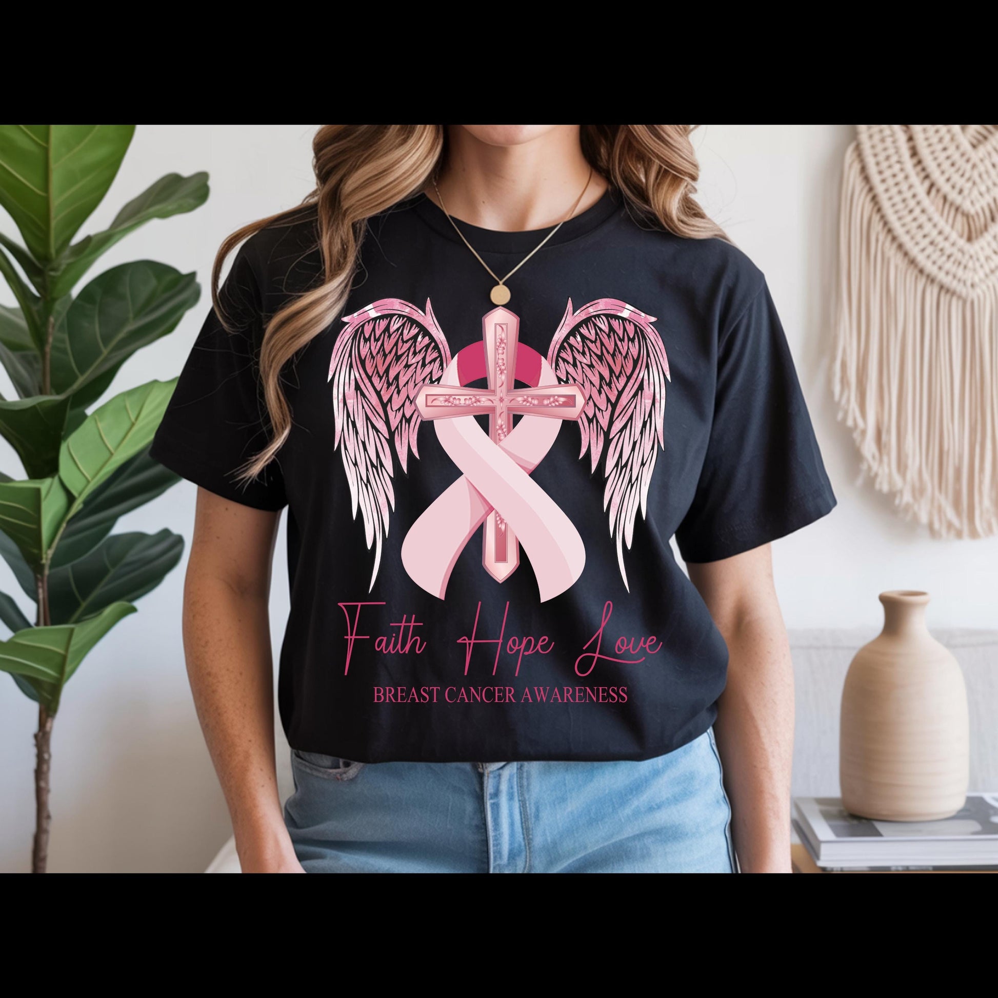 Faith Hope Love Breast Cancer Awareness Shirt | Pink Ribbon Cross Tee | Christian Cancer Support Shirt | Faith Based Awareness T-Shirt