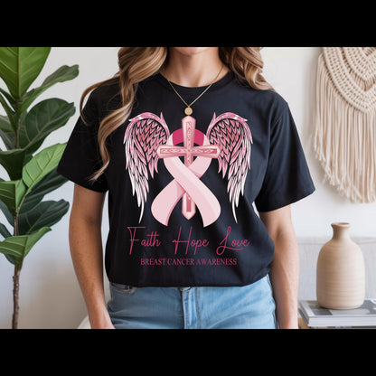Faith Hope Love Breast Cancer Awareness Shirt | Pink Ribbon Cross Tee | Christian Cancer Support Shirt | Faith Based Awareness T-Shirt