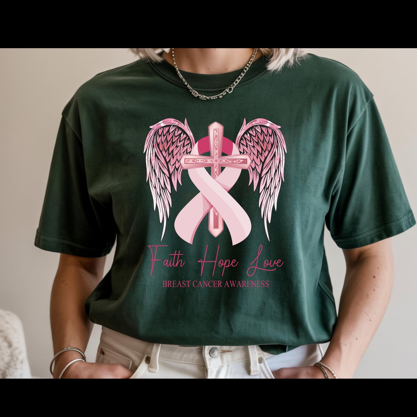 Faith Hope Love Breast Cancer Awareness Shirt | Pink Ribbon Cross Tee | Christian Cancer Support Shirt | Faith Based Awareness T-Shirt