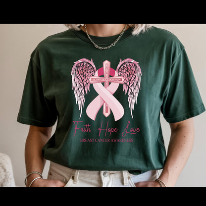 Faith Hope Love Breast Cancer Awareness Shirt | Pink Ribbon Cross Tee | Christian Cancer Support Shirt | Faith Based Awareness T-Shirt